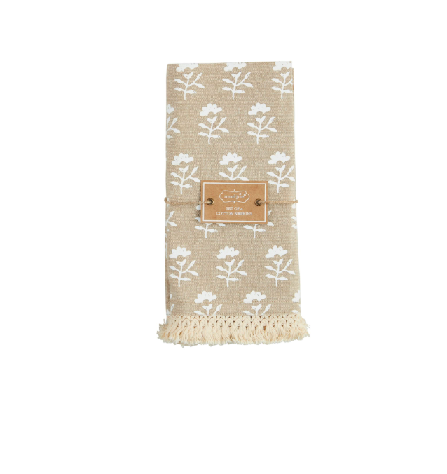 FRINGE TAUPE BLOCK PRINT CLOTH NAPKIN SET