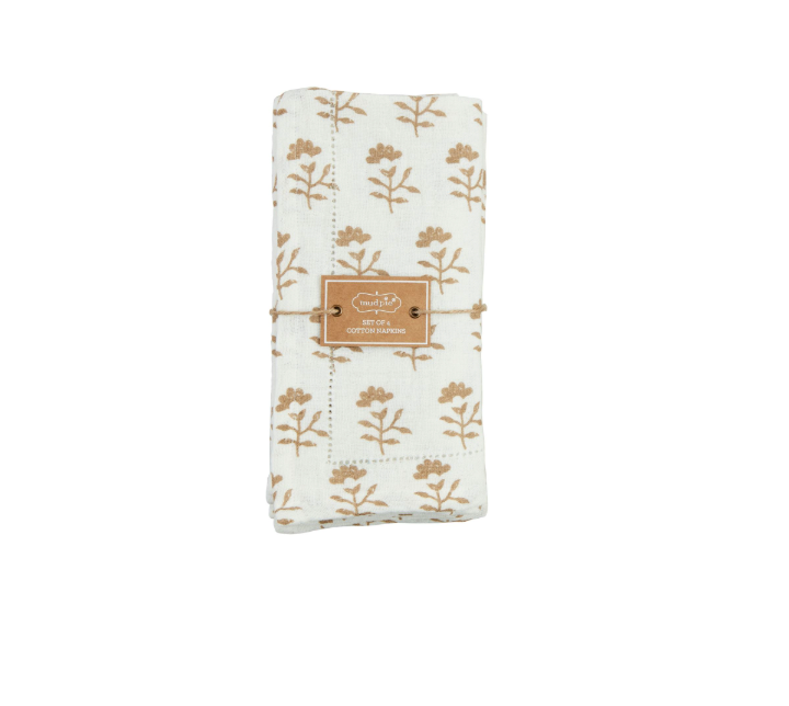 FLOWER TAUPE BLOCK PRINT CLOTH NAPKIN SET