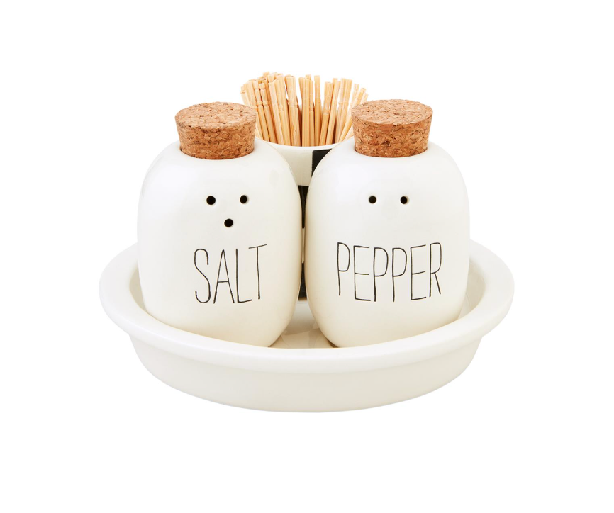CHECKERED SALT & PEPPER TOOTHPICK CADDY SET